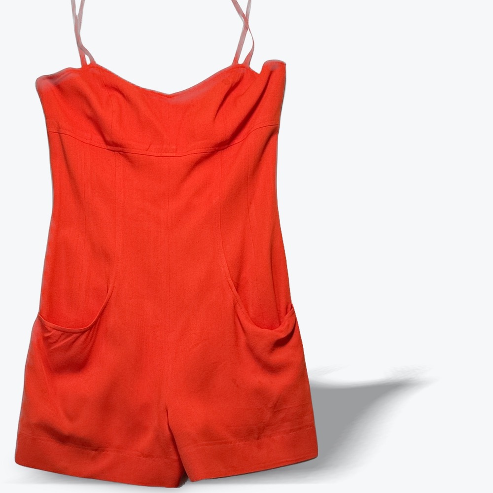Vintage Chanel Boutique Romper Sweetheart Neck Pockets Reddish Orange France 38